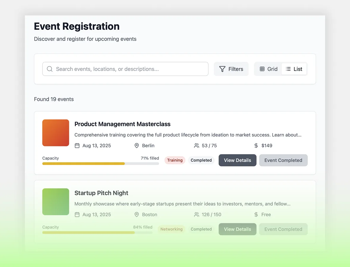 Event Registration demo application screenshot